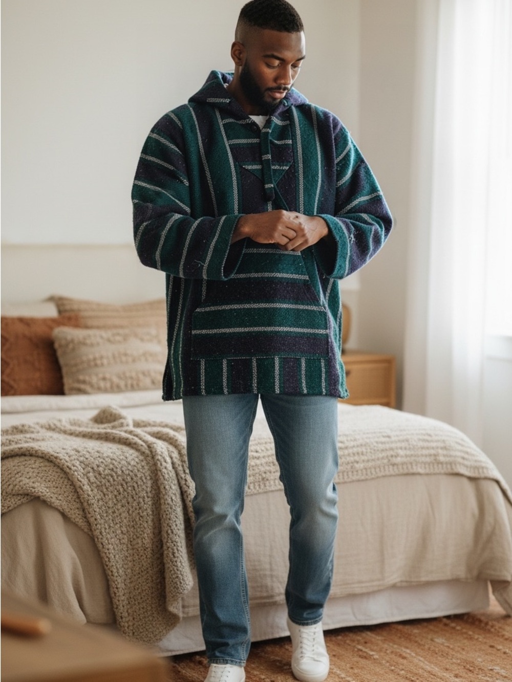 Earthbound Mens Mexican Poncho Hoodie Green And Black‎ Striped Comfy Vintage 42L